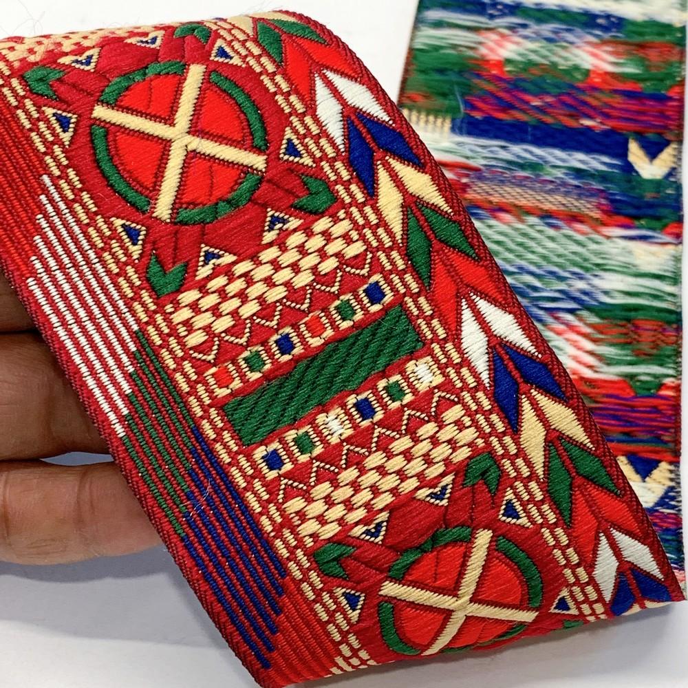 66 mm Geometrical ColourFul Jacquard Ribbon, shown on white cotton