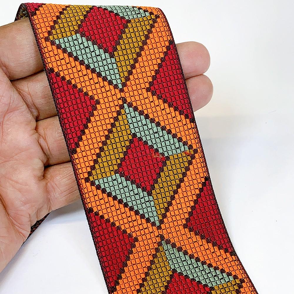 55mm Geometrical ColourFul Jacquard Ribbon, shown on white cotton