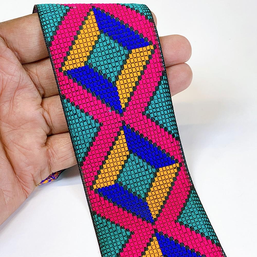 55mm Geometrical ColourFul Jacquard Ribbon, shown on white cotton