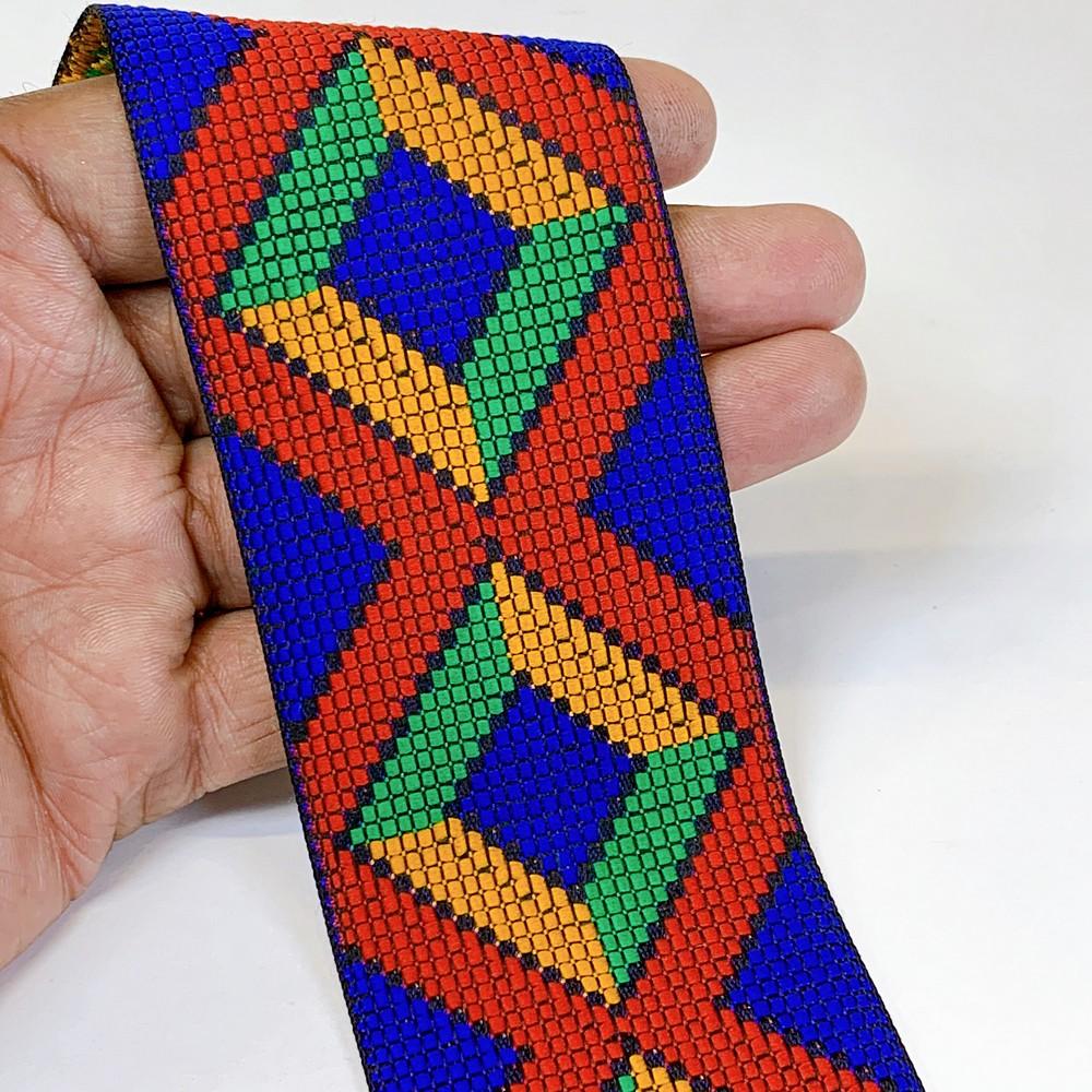55mm Geometrical ColourFul Jacquard Ribbon, shown on white cotton
