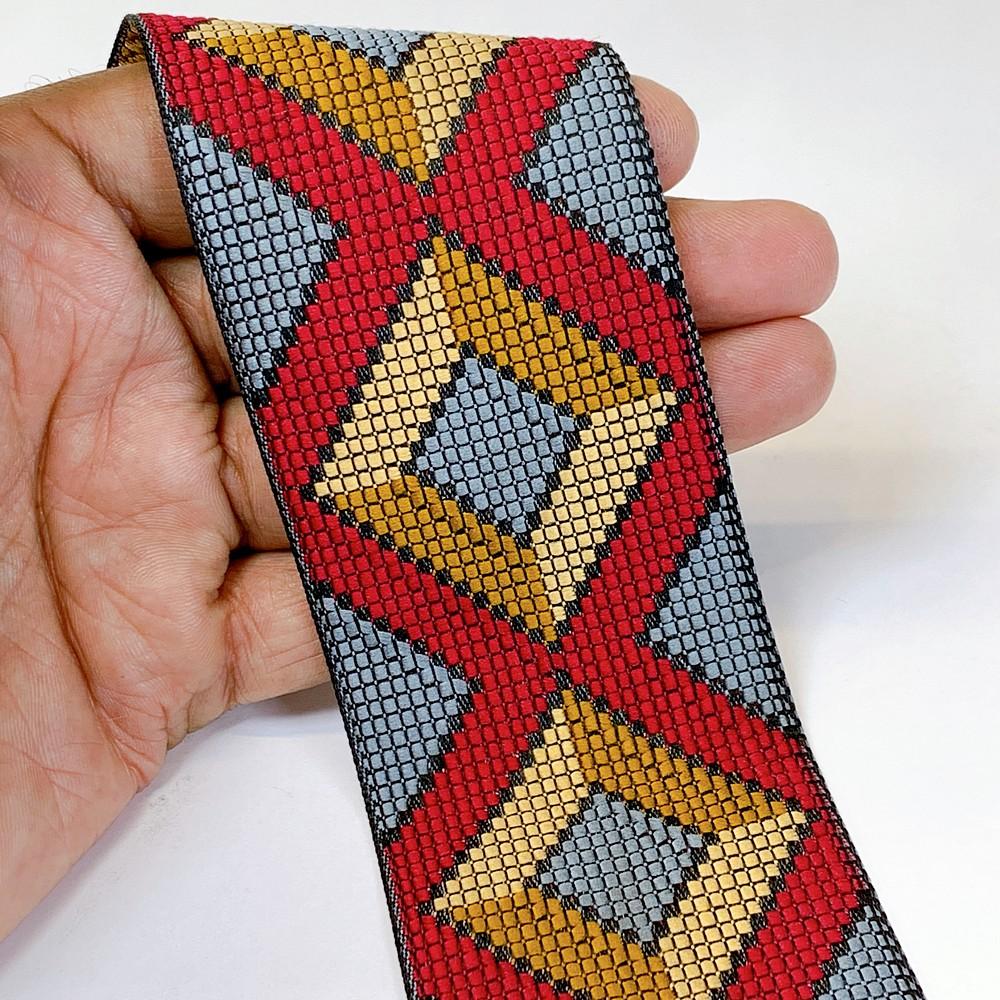 55mm Geometrical ColourFul Jacquard Ribbon, shown on white cotton