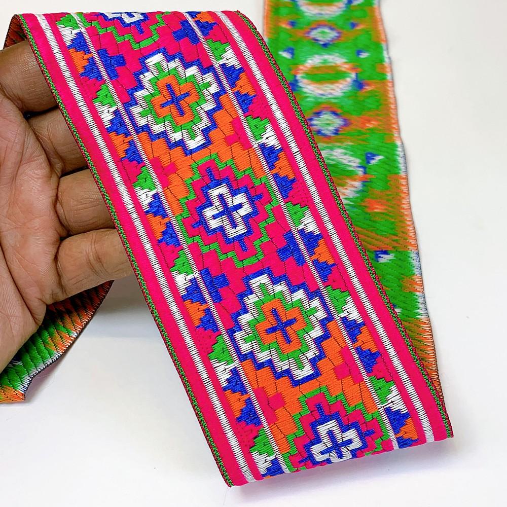 65mm Geometrical ColourFul Jacquard Ribbon, shown on white cotton