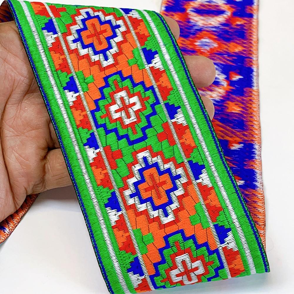 65mm Geometrical ColourFul Jacquard Ribbon, shown on white cotton