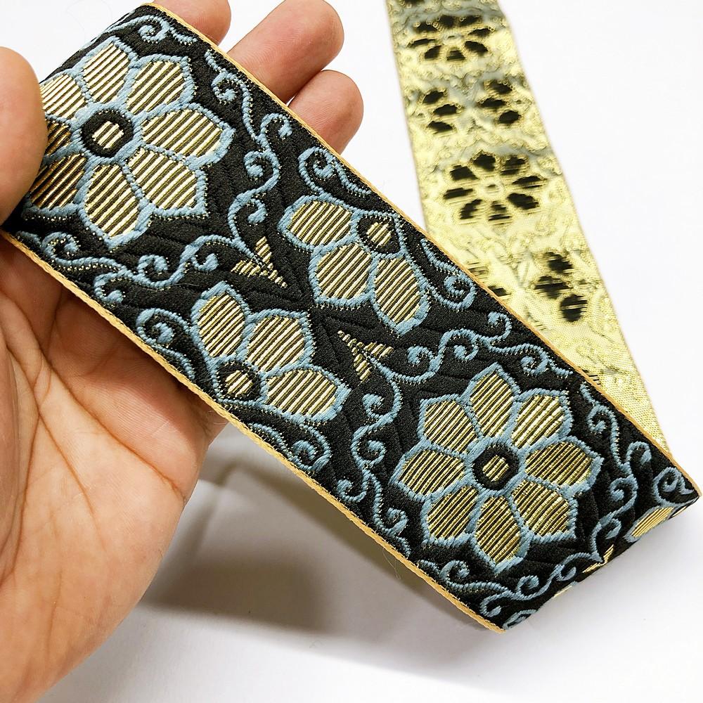 60mm Flower Design Jacquard Ribbon, shown on white cotton