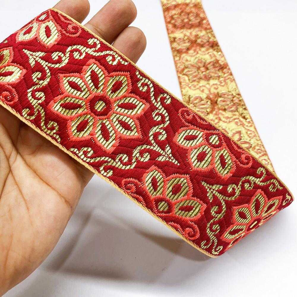 60mm Flower Design Jacquard Ribbon, shown on white cotton