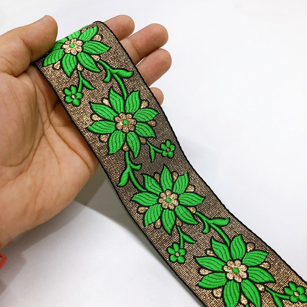 55mm Flower Design Jacquard Ribbon, shown on white cotton
