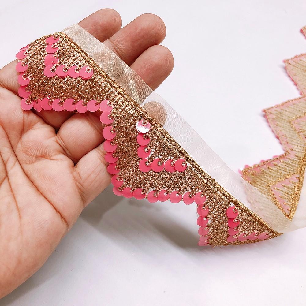 42 mm Designer Cutwork Embroidery Lace With Colour Sequins Work, shown on white cotton