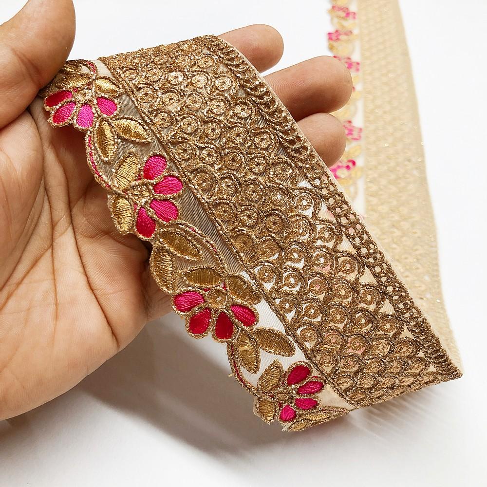 60mm Flower Design Cutwork Embroidery Lace With Sequins And Dori Work, shown on white cotton