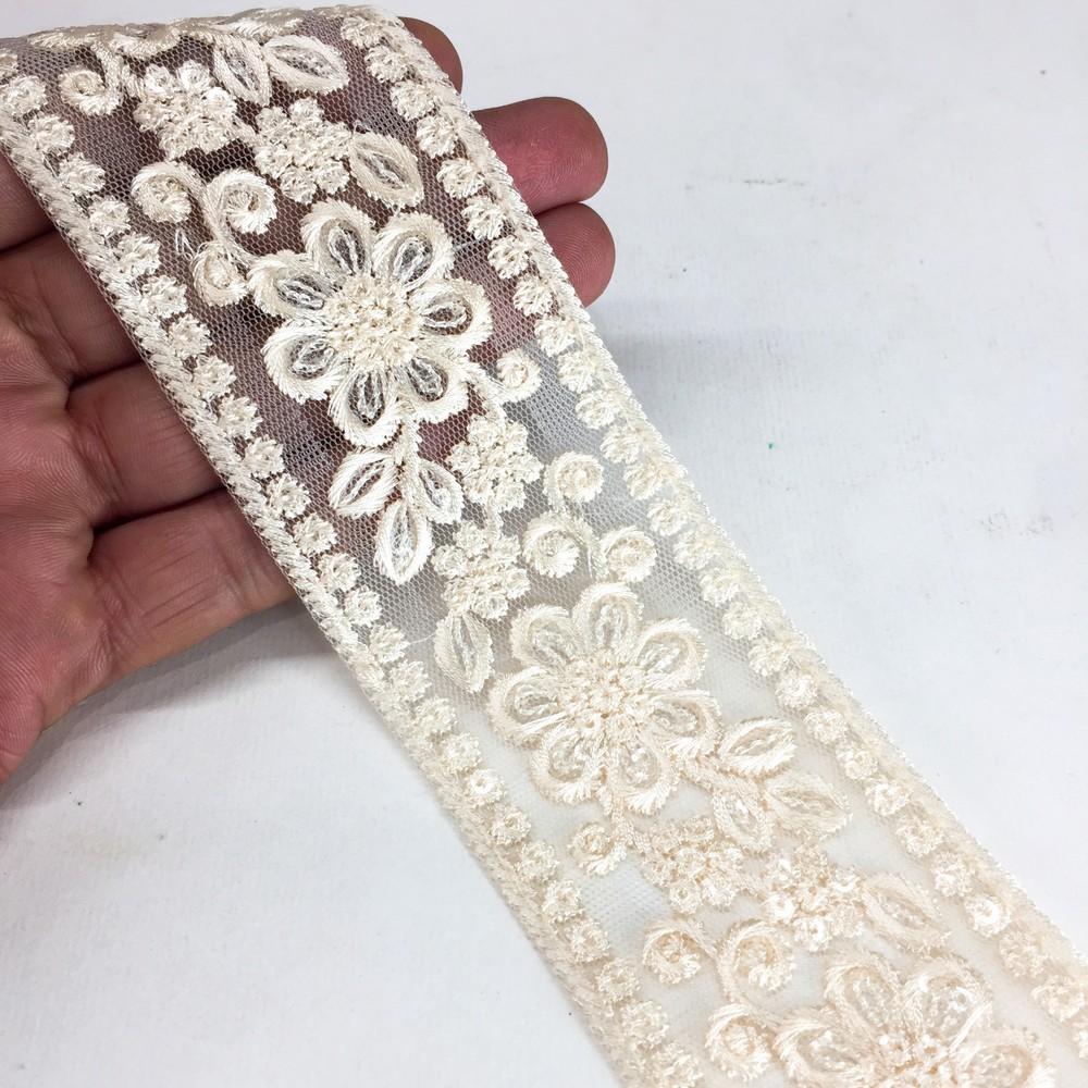 52 mm Flower Design Colour Cotton Thread Embroidery Lace With Sequins Work, shown on white cotton