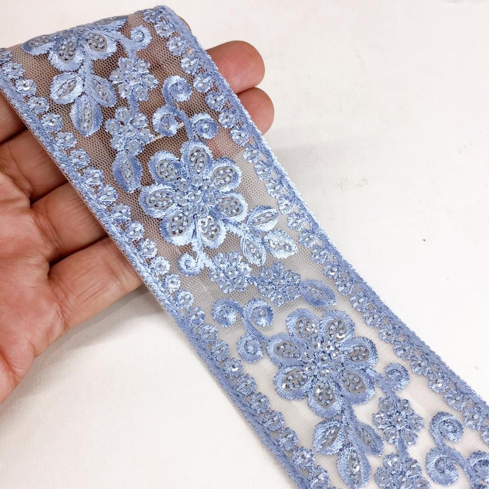 52 mm Flower Design Colour Cotton Thread Embroidery Lace With Sequins Work, shown on white cotton