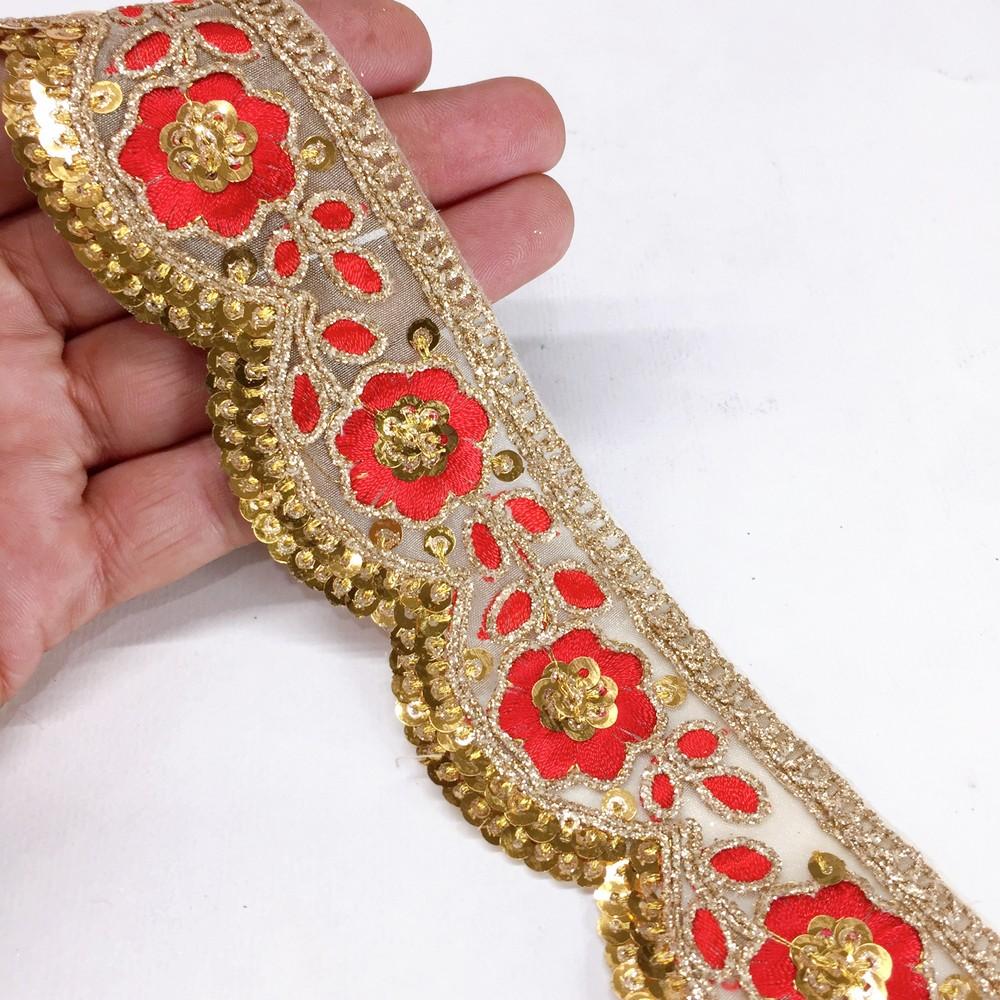 46 mm Designer Cutwork Embroidery Lace With Sequins and Dori Work, shown on white cotton