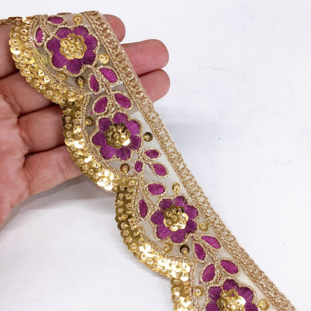 46 mm Designer Cutwork Embroidery Lace With Sequins and Dori Work, shown on white cotton