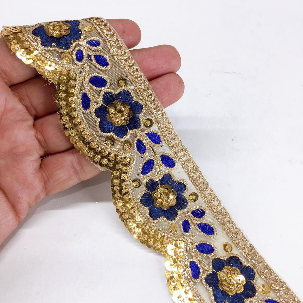 46 mm Designer Cutwork Embroidery Lace With Sequins and Dori Work, shown on white cotton