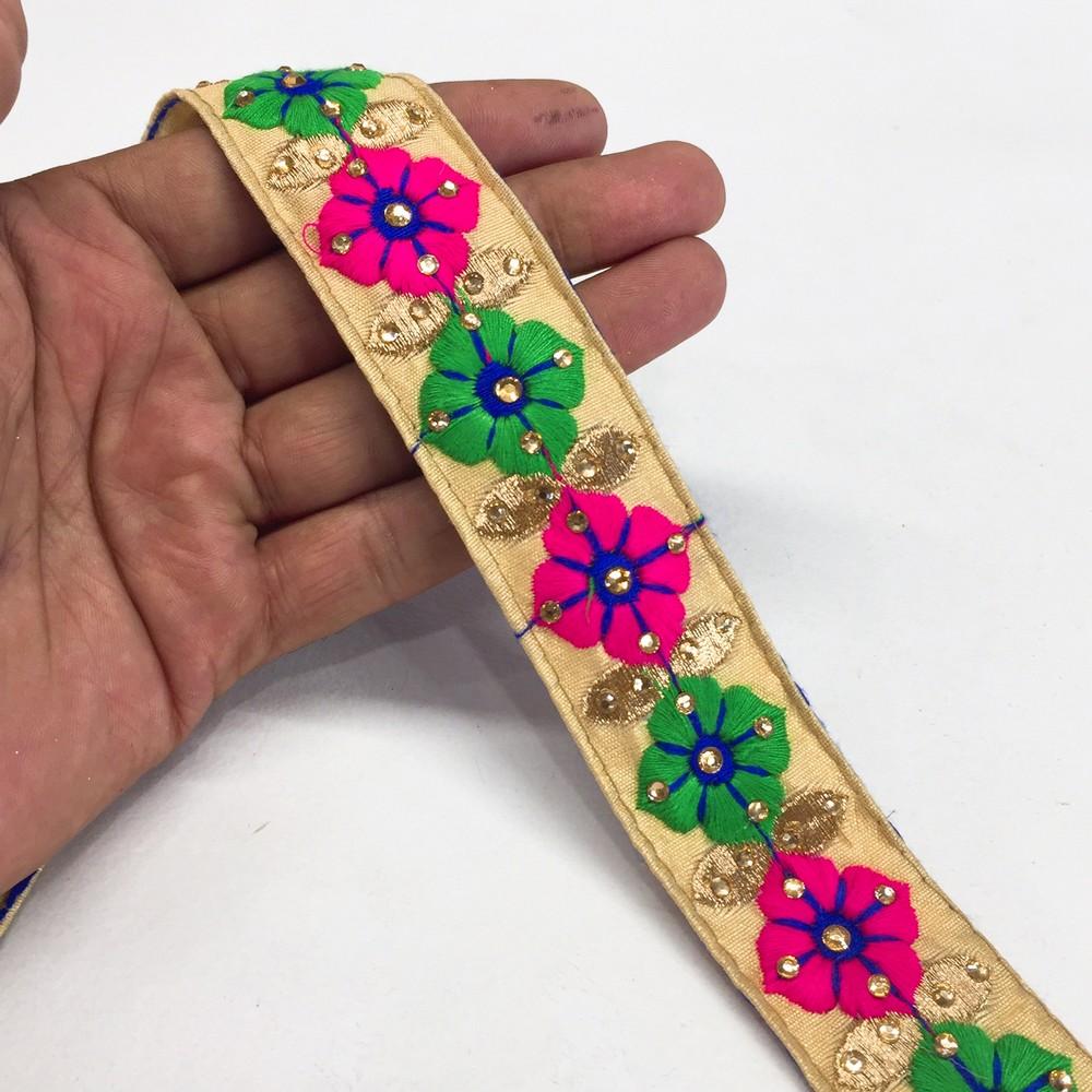 30mm Flower Design Embroidery Lace With Stone Work, shown on white cotton