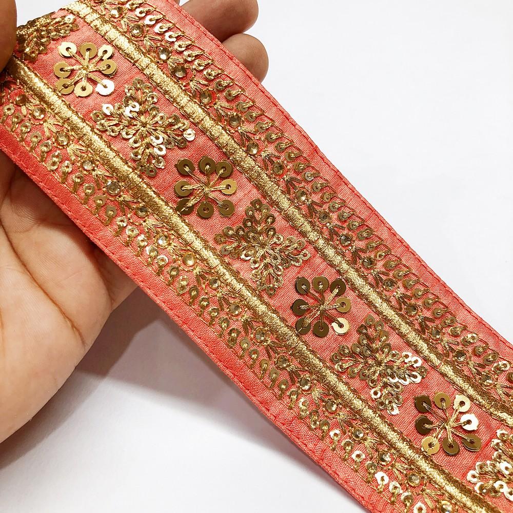 66 mm Designer Embroidery Lace With Sequins Work, shown on white cotton