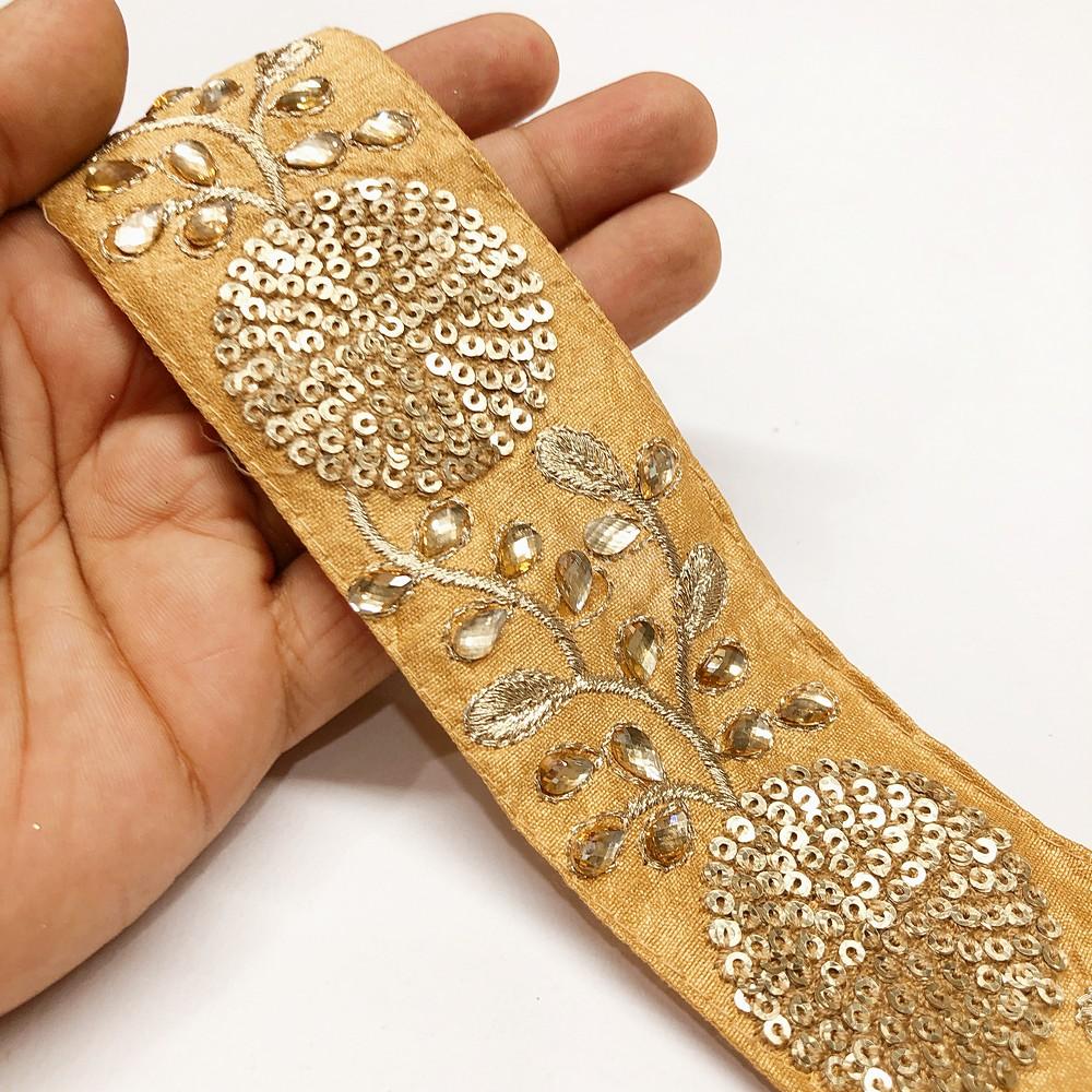 50mm Round Sequins Work Design Embroidery Lace With Stone Work, shown on white cotton