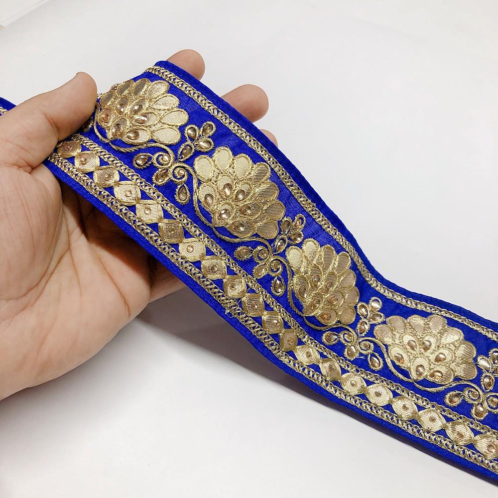 72 mm Designer Embroidery Lace With Dori And Stone Work, shown on white cotton