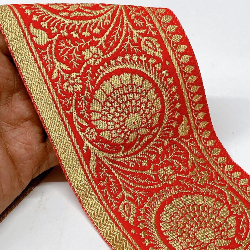 100mm Flower Design Banarasi Jacquard Lace, shown on white cotton