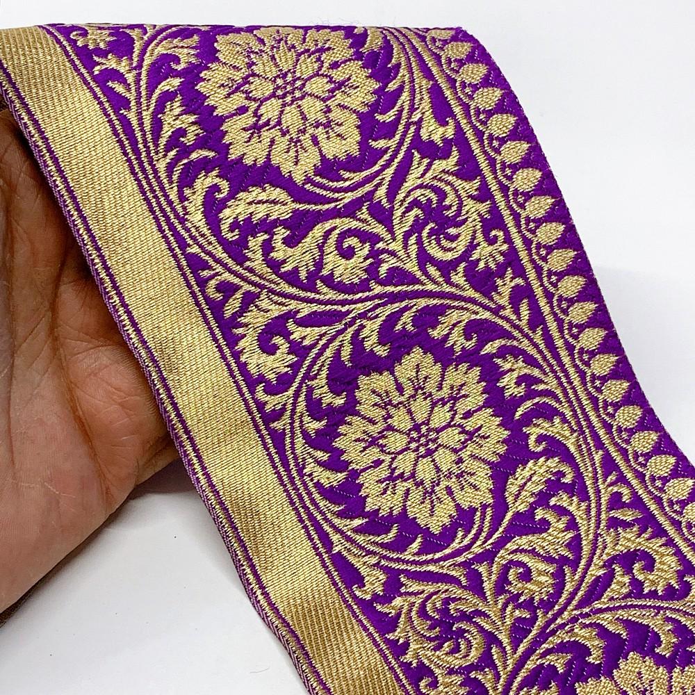 100mm Flower Design Banarasi Jacquard Lace, shown on white cotton
