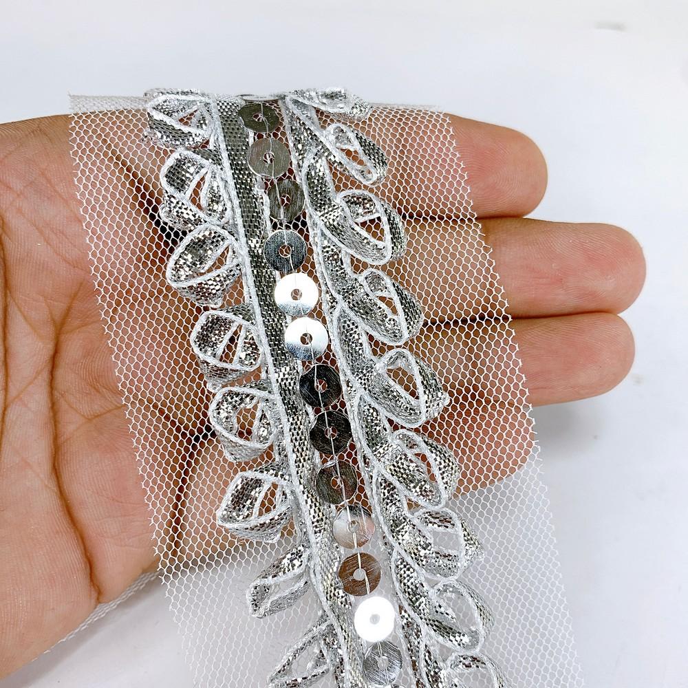 62 mm Designer Embroidery Lace With Sequins Work, shown on white cotton