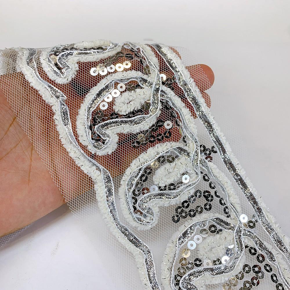 103 mm Designer Embroidery Lace With Sequins Work, shown on white cotton