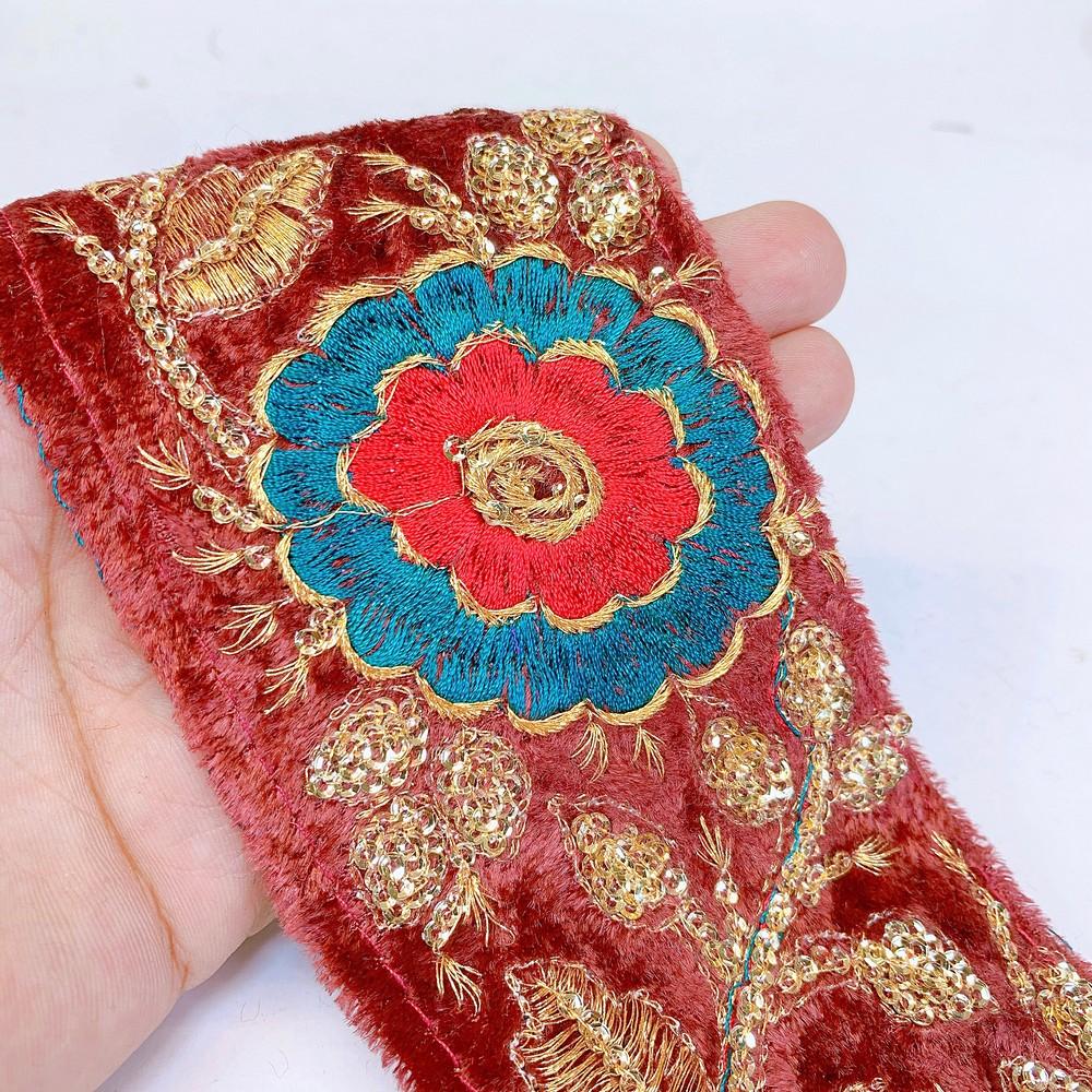 80mm Designer Flower Embroidery Lace With Sequins Work, shown on white cotton