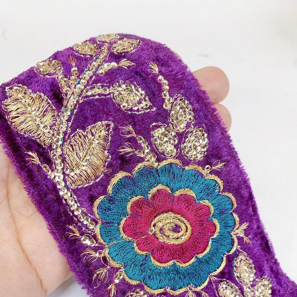 80mm Designer Flower Embroidery Lace With Sequins Work, shown on white cotton