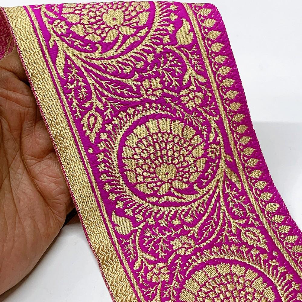 100mm Flower Design Banarasi Jacquard Lace, shown on white cotton