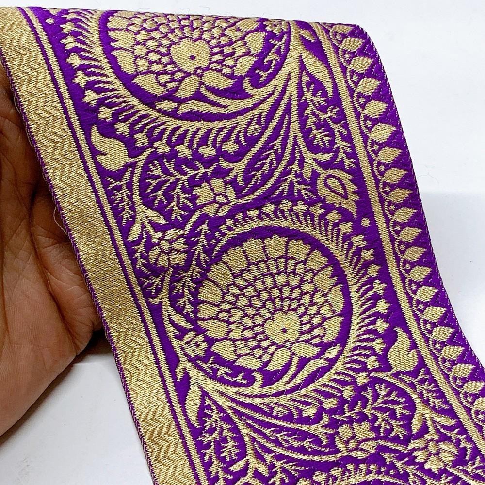 100mm Flower Design Banarasi Jacquard Lace, shown on white cotton