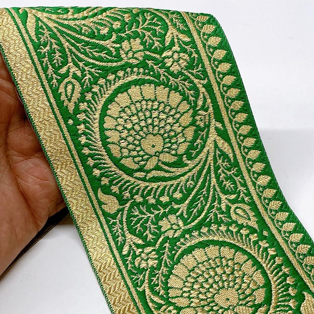 100mm Flower Design Banarasi Jacquard Lace, shown on white cotton