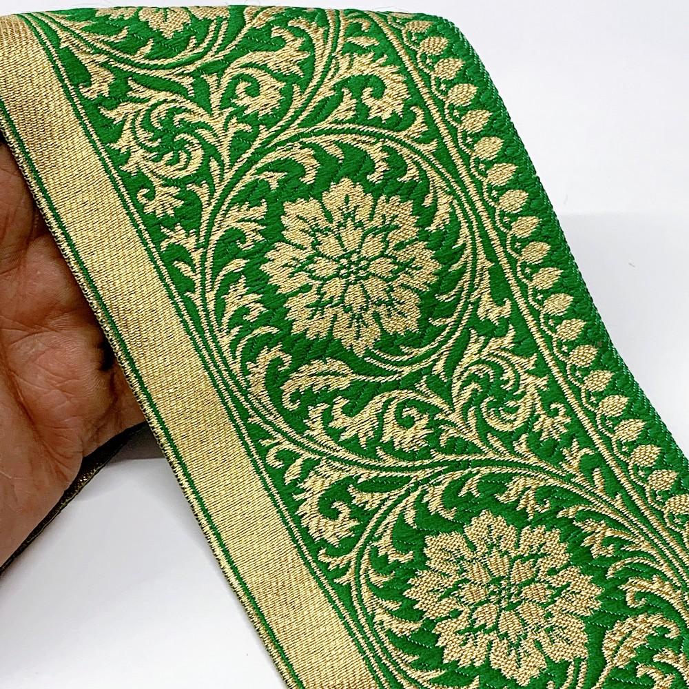 100mm Flower Design Banarasi Jacquard Lace, shown on white cotton