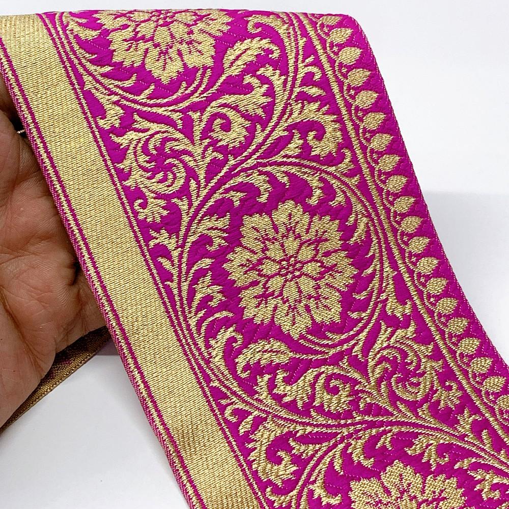 100mm Flower Design Banarasi Jacquard Lace, shown on white cotton