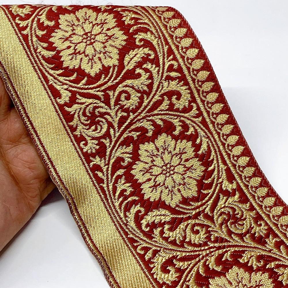 100mm Flower Design Banarasi Jacquard Lace, shown on white cotton