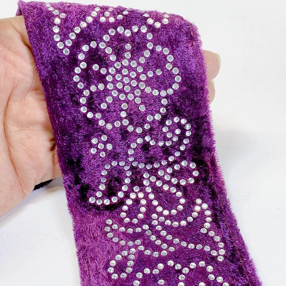 70mm Designer Velvet Lace With Flower Design Stone Work, shown on white cotton