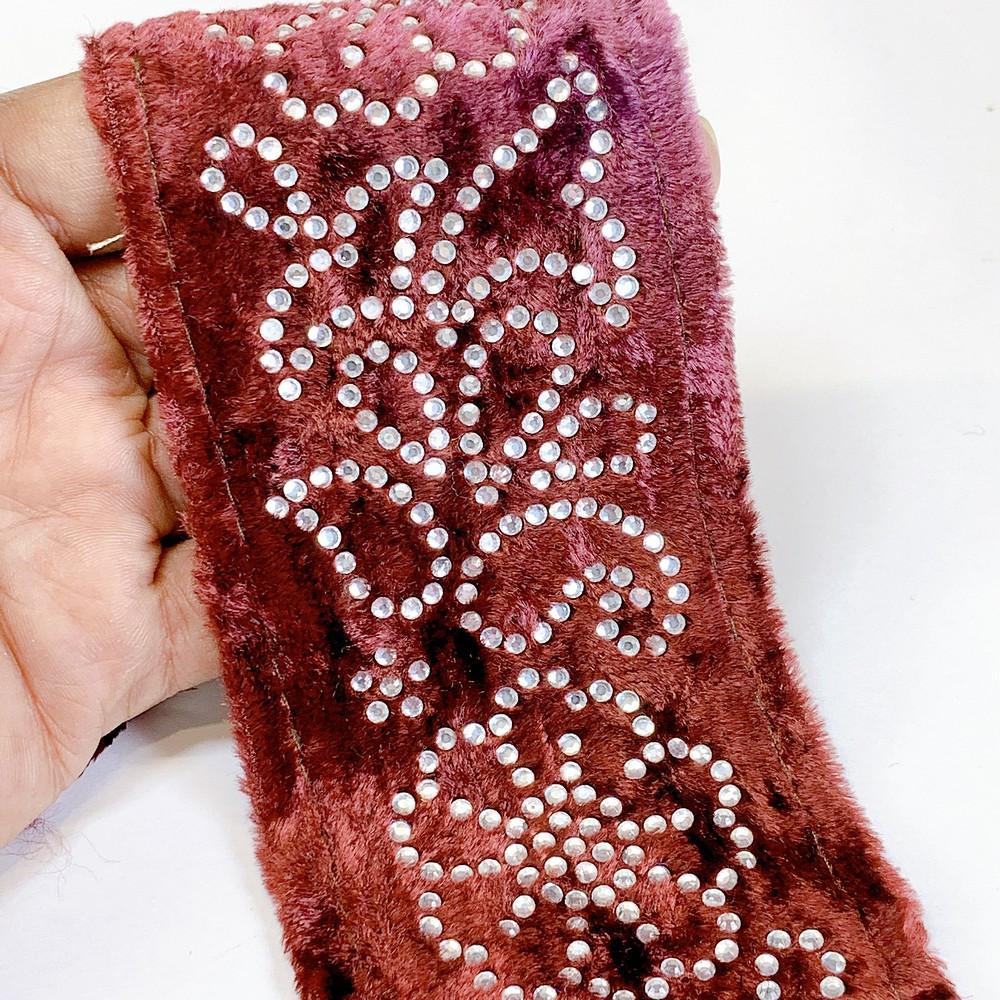 70mm Designer Velvet Lace With Flower Design Stone Work, shown on white cotton
