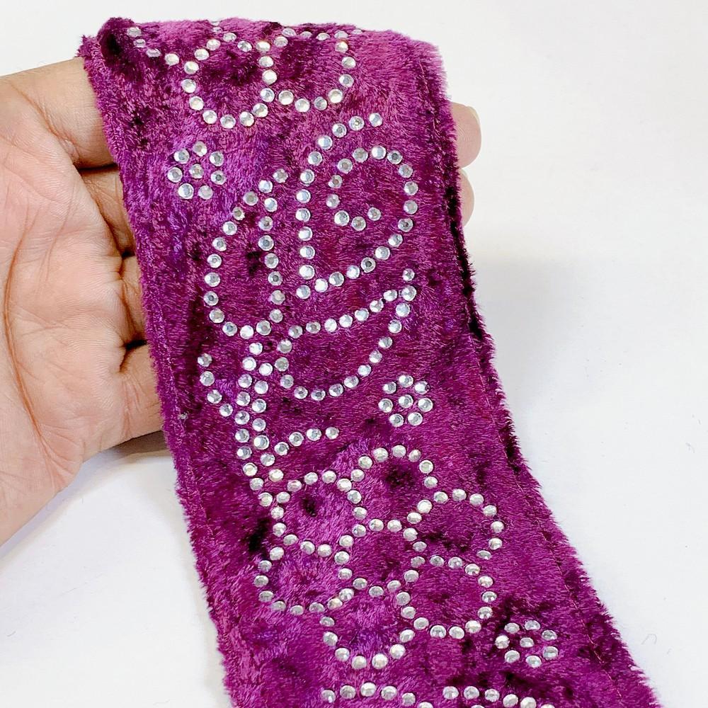 65mm Designer Velvet Lace With Flower Design Stone Work, shown on white cotton
