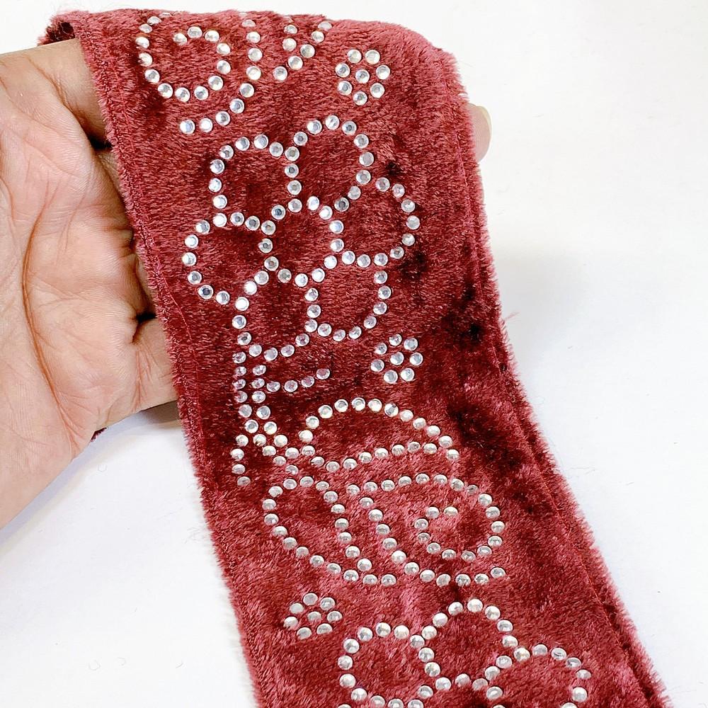65mm Designer Velvet Lace With Flower Design Stone Work, shown on white cotton