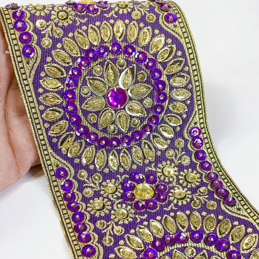 95mm Designer Lace With Sequins And Stone Work, shown on white cotton