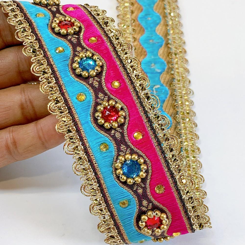 45mm Designer Jacquard Lace With Stone Work, shown on white cotton