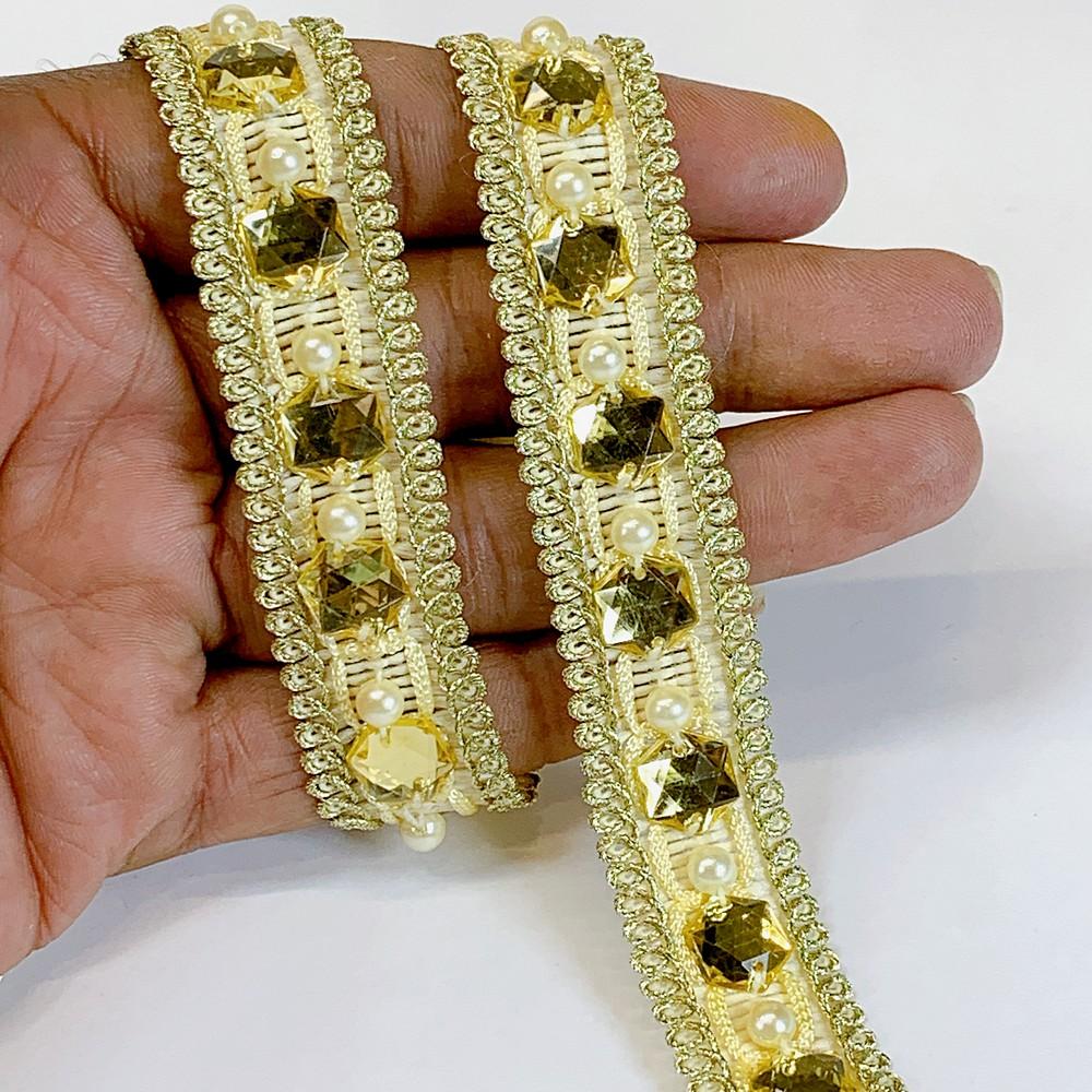 18 mm Designer Crochet Lace With Stone Work, shown on white cotton