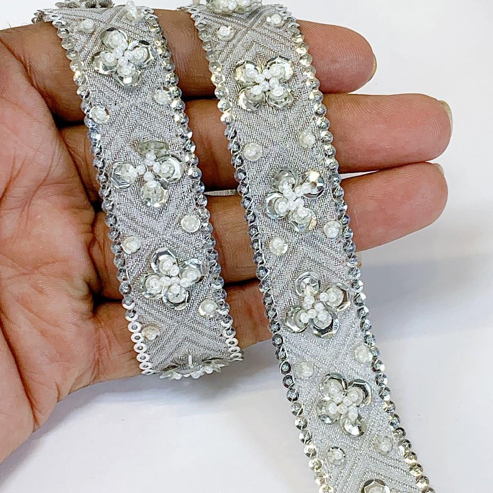 22 mm Designer Jacquard Lace With Sequins And Beads Work, shown on white cotton