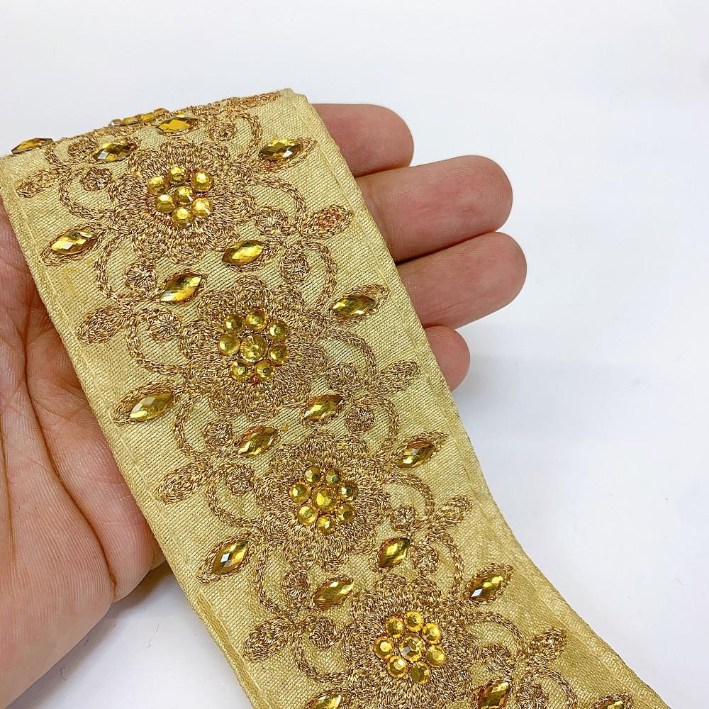 56 mm Designer Embroidery Lace With Stone Work, shown on white cotton
