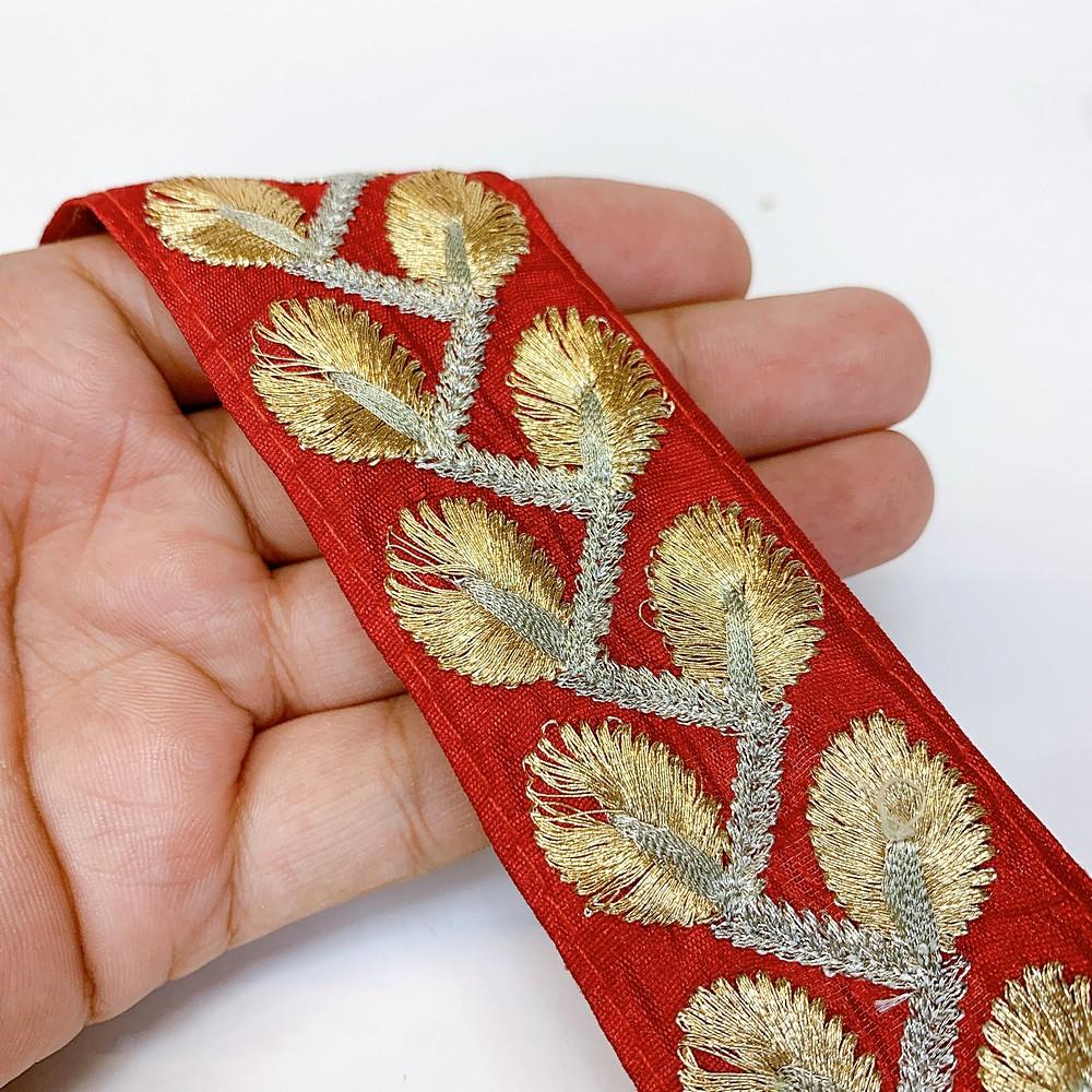 40mm Designer Leaf Embroidery Lace, shown on white cotton