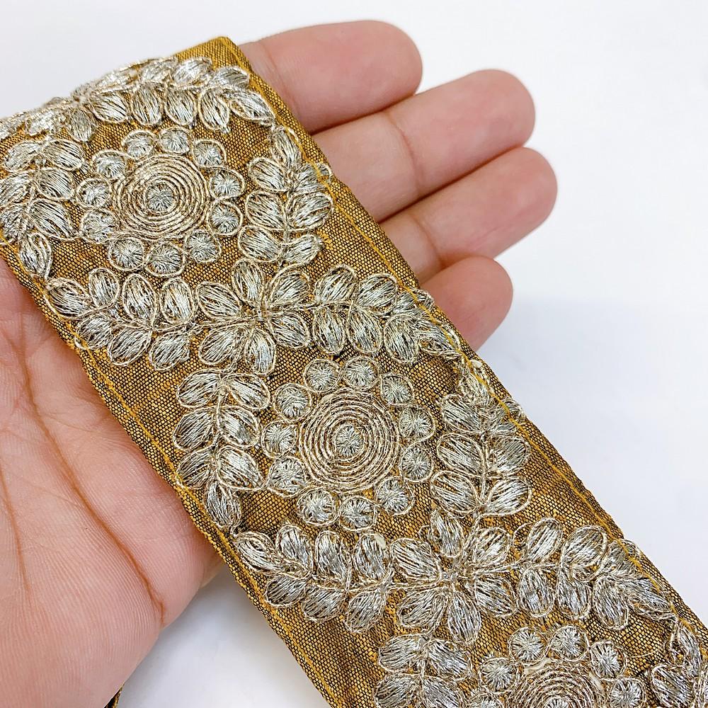 48 mm Designer Embroidery Work Lace With Dori Work, shown on white cotton