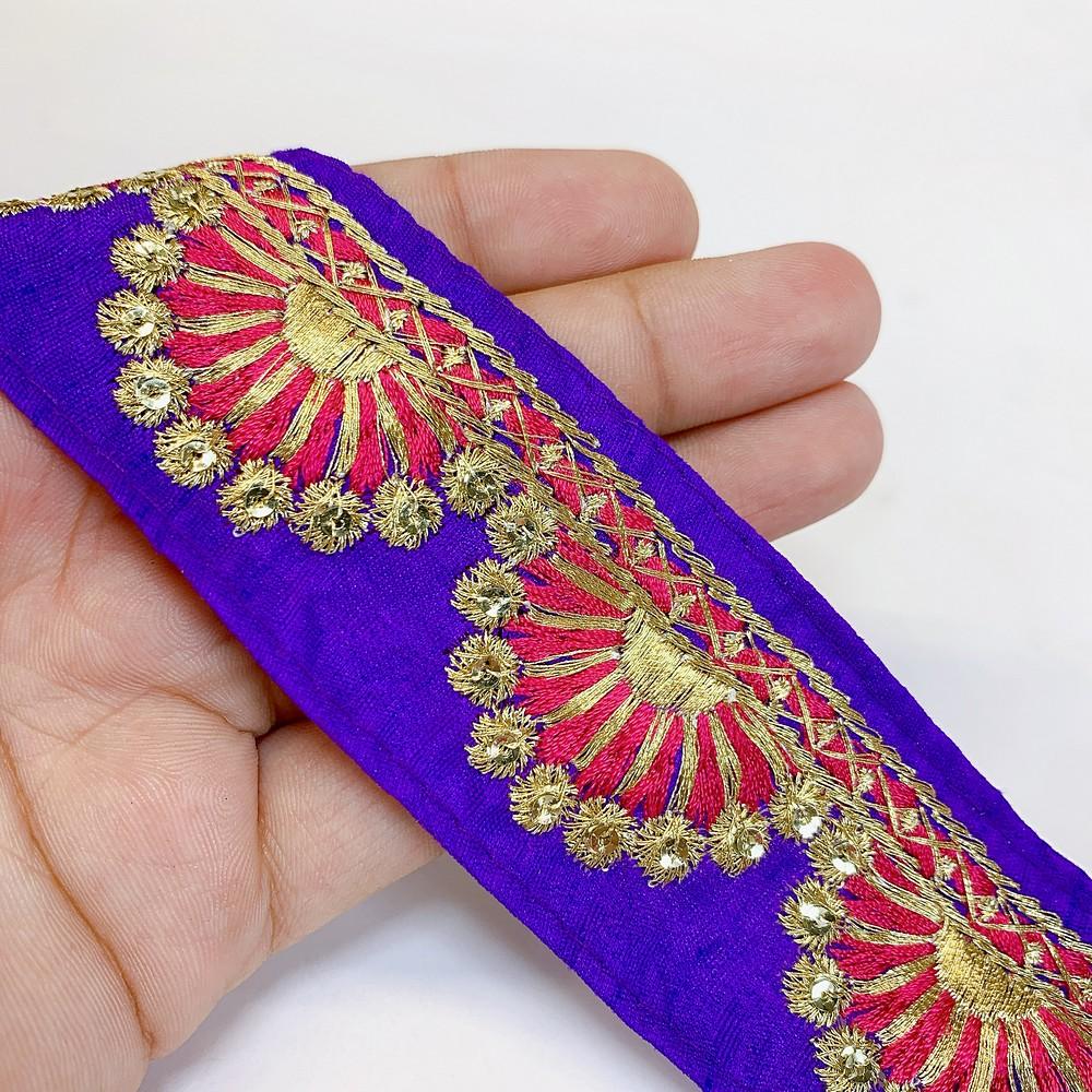38 mm Designer Embroidery Lace With Sequins Work, shown on white cotton