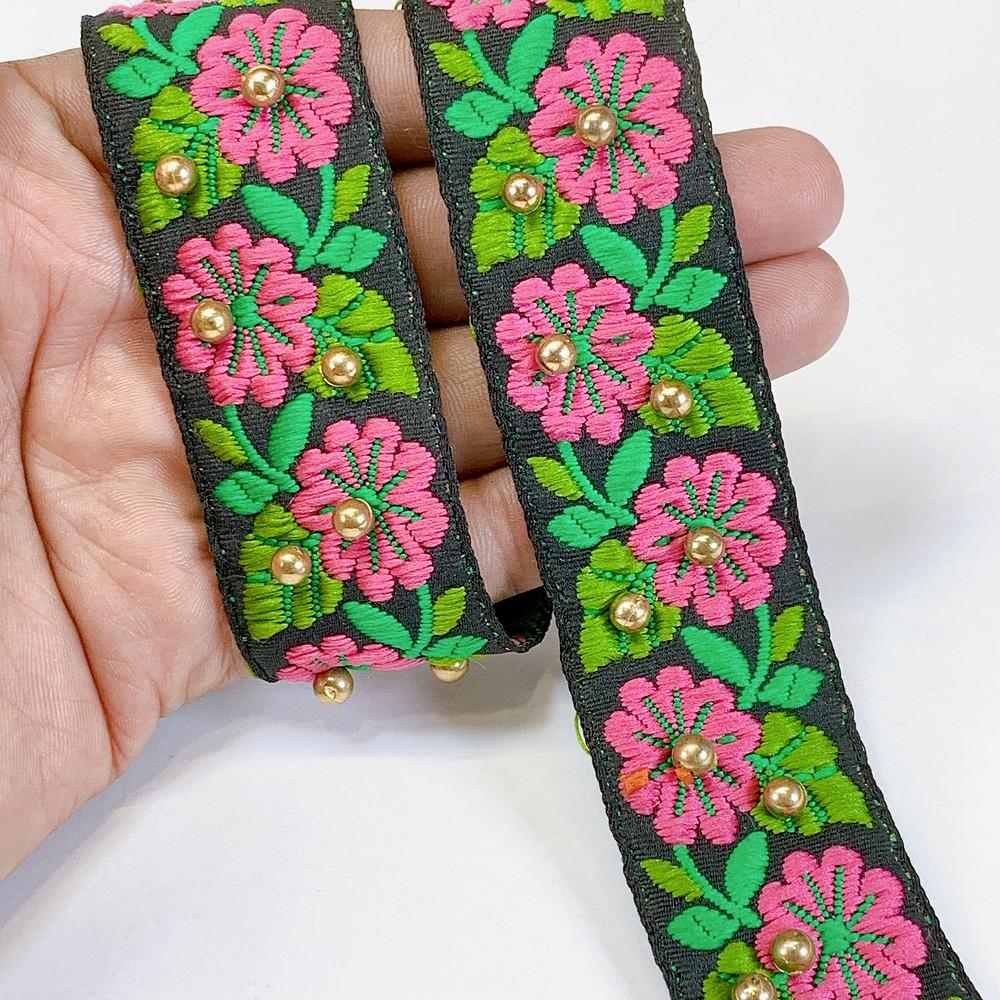 30mm Designer Jacquard Lace With Stone Work, shown on white cotton