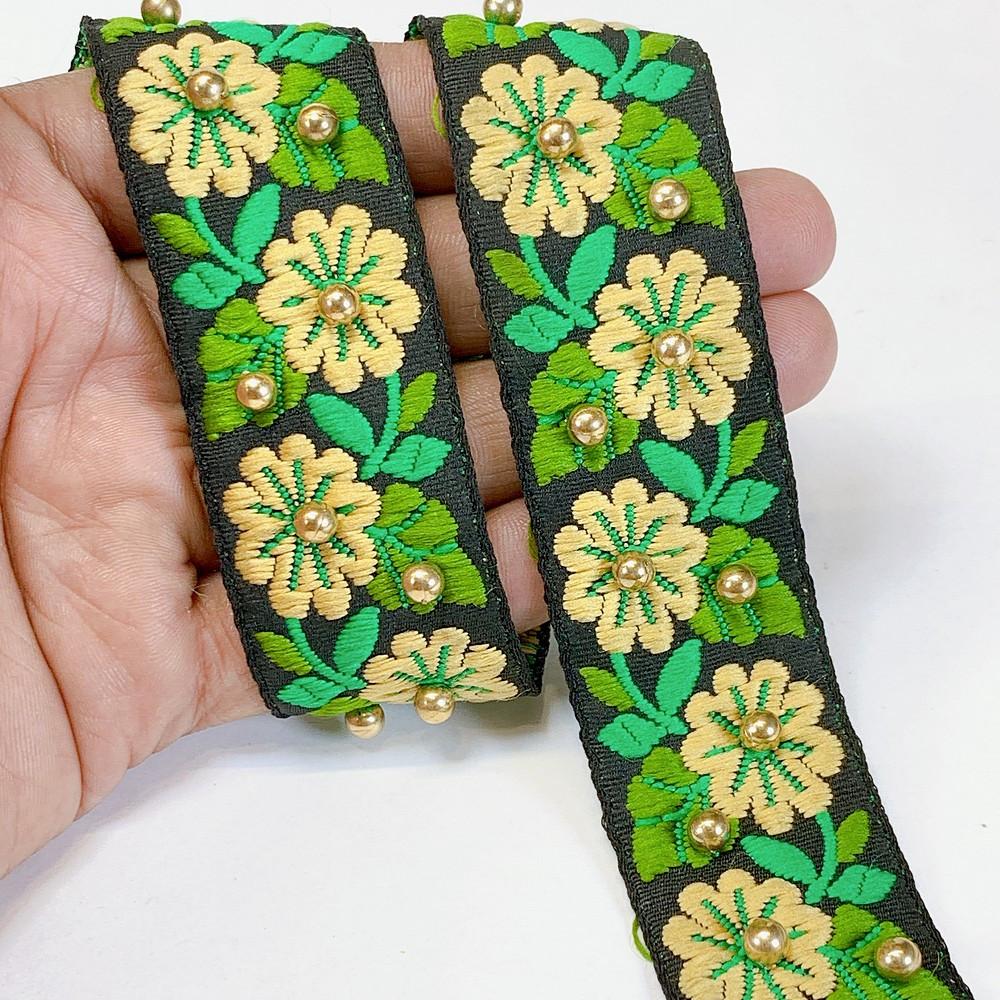 30mm Designer Jacquard Lace With Stone Work, shown on white cotton