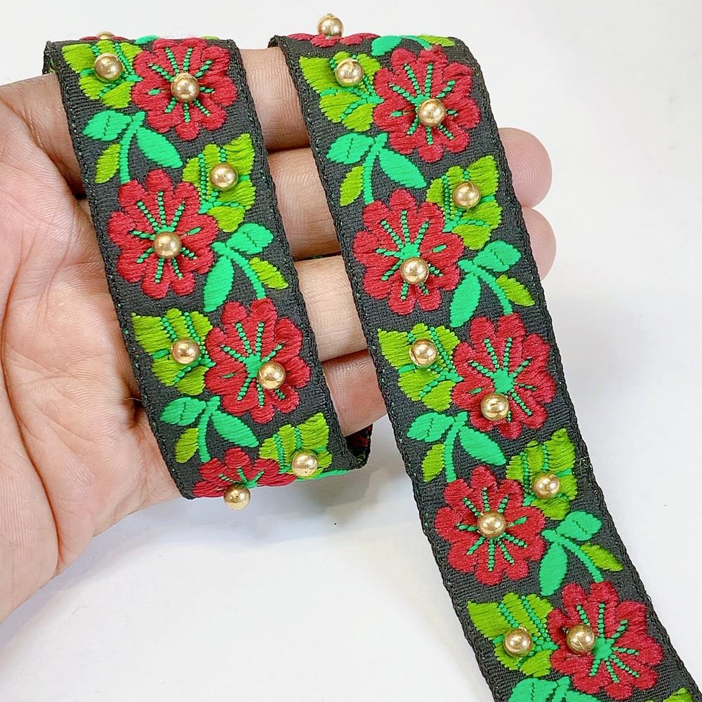 30mm Designer Jacquard Lace With Stone Work, shown on white cotton