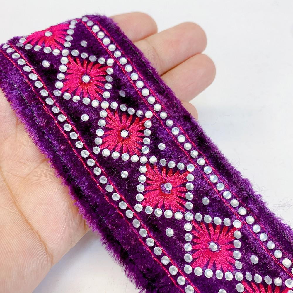 55mm Designer Embroidery Lace With Stone Work, shown on white cotton