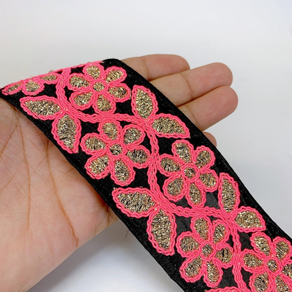 55mm Designer Embroidery Lace With Pink Dori Work, shown on white cotton
